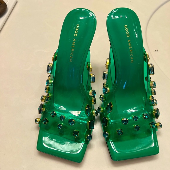 New summer green Good American diamonds forever square toe slip on wedge - Picture 3 of 6